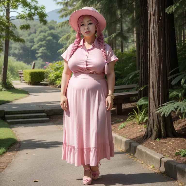 hkgirl, (kpop idol), <lora:HongKong:0.5>,woman,elder,long hair,braided,pink hair,beautiful,seductive,huge breasts,fat,hat,high heels,(silk),pink shirt,Pink long skirt,standing,forest,front view,full body,(adult:1.5)