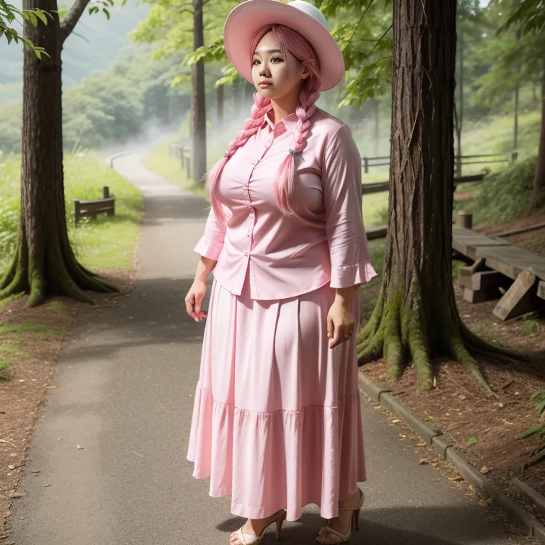 hkgirl, (kpop idol), <lora:HongKong:0.5>,woman,elder,long hair,braided,pink hair,beautiful,seductive,huge breasts,fat,hat,high heels,(silk),pink shirt,Pink long skirt,standing,forest,front view,full body,(adult:1.5)