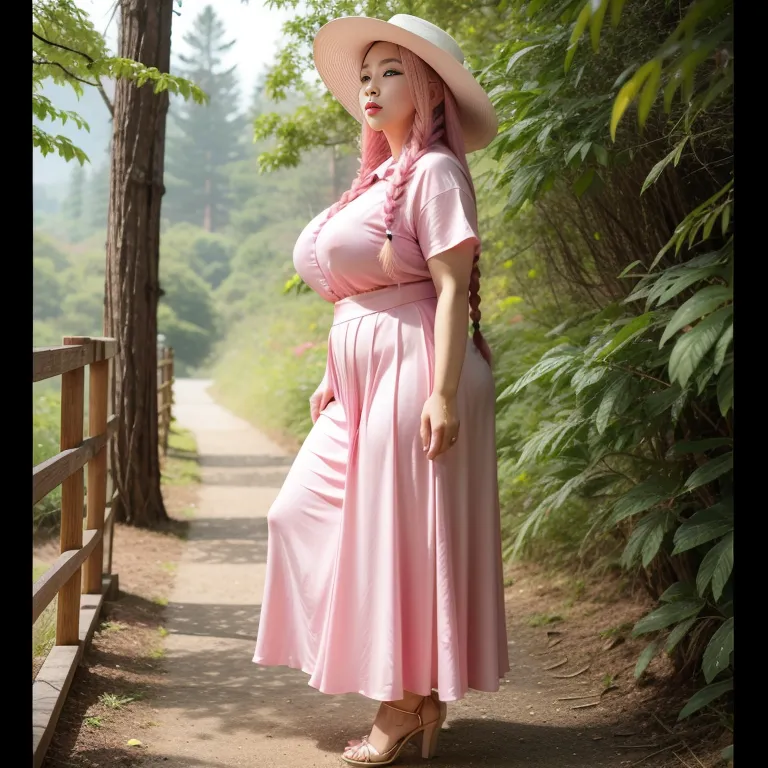 hkgirl, (kpop idol), <lora:HongKong:0.5>,woman,elder,long hair,braided,pink hair,beautiful,seductive,huge breasts,fat,hat,high heels,(silk),pink shirt,Pink long skirt,standing,forest,front view,full body,(adult:1.5)