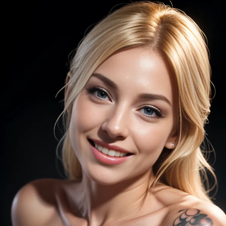 woman,twenties,(RAW photo, best quality, masterpiece:1.1), (realistic, photo-realistic:1.2), ultra-detailed, ultra high res, physically-based rendering,blonde hair,beautiful,(smile),Looking at viewer,perfect body,tattoo,nude,front view,full body,(adult:1.5)