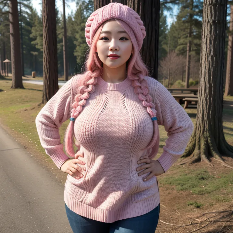 hkgirl, (kpop idol), <lora:HongKong:0.5>,woman,elder,long hair,braided,pink hair,beautiful,seductive,huge breasts,fat,hat,Pink sweater,standing,forest,front view,Upper body,(adult:1.5)