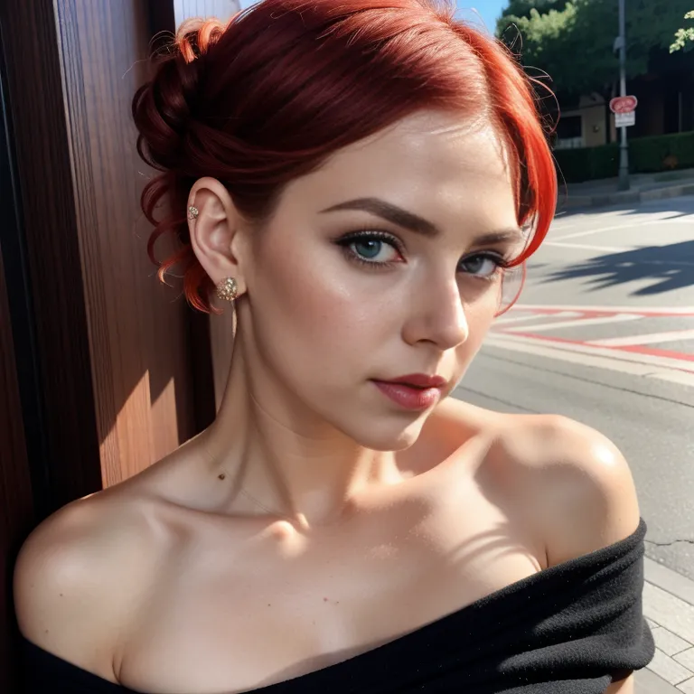 <lora:White3:0.4>,white people,woman,twenties,short hair,updo,red hair,hair behind ear,blue eyes,beautiful,seductive,normal breasts,medium ass,perfect body,casual clothing,tunic,eyeshadow,bare shoulder,(adult:1.5)