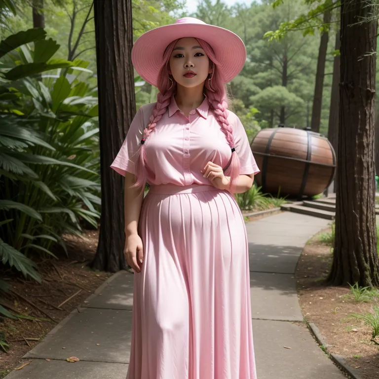 hkgirl, (kpop idol), <lora:HongKong:0.5>,woman,elder,long hair,braided,pink hair,beautiful,seductive,huge breasts,fat,hat,high heels,(silk),pink shirt,Pink long skirt,standing,forest,front view,full body,(adult:1.5)