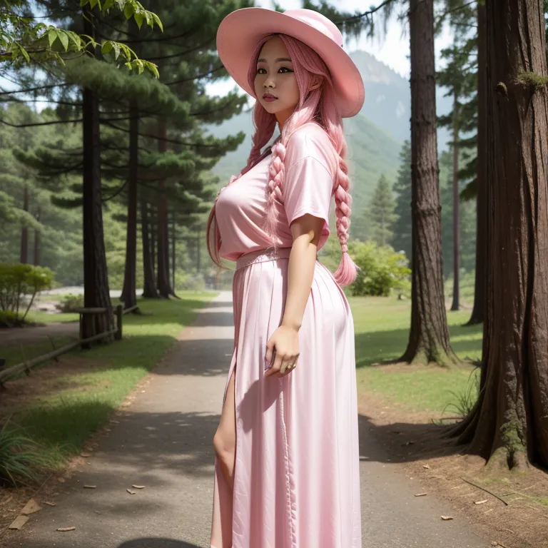 hkgirl, (kpop idol), <lora:HongKong:0.5>,woman,elder,long hair,braided,pink hair,beautiful,seductive,huge breasts,fat,hat,high heels,(silk),pink shirt,Pink long skirt,standing,forest,front view,full body,(adult:1.5)