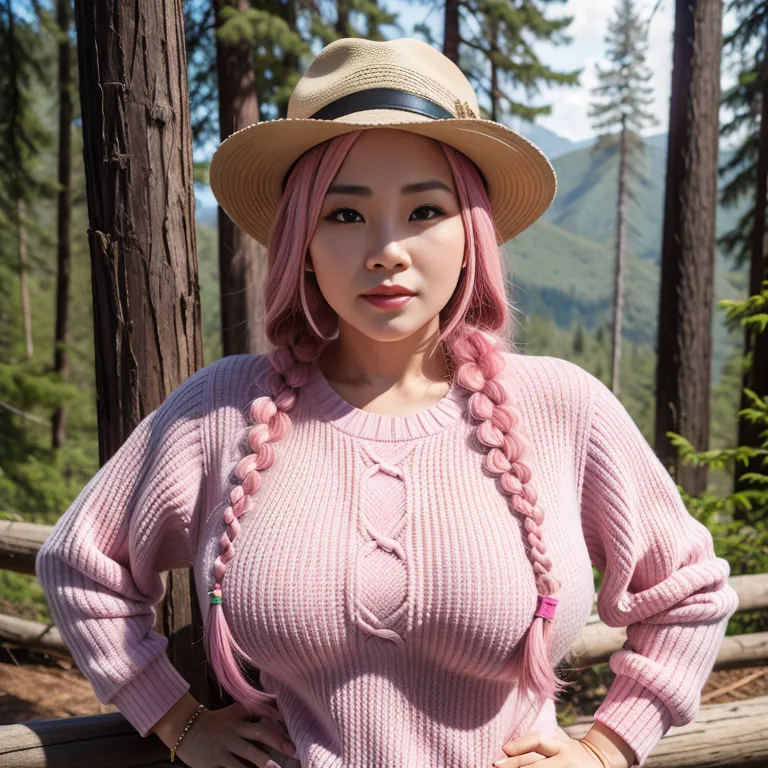 hkgirl, (kpop idol), <lora:HongKong:0.5>,woman,elder,long hair,braided,pink hair,beautiful,seductive,huge breasts,fat,hat,Pink sweater,standing,forest,front view,Upper body,(adult:1.5)